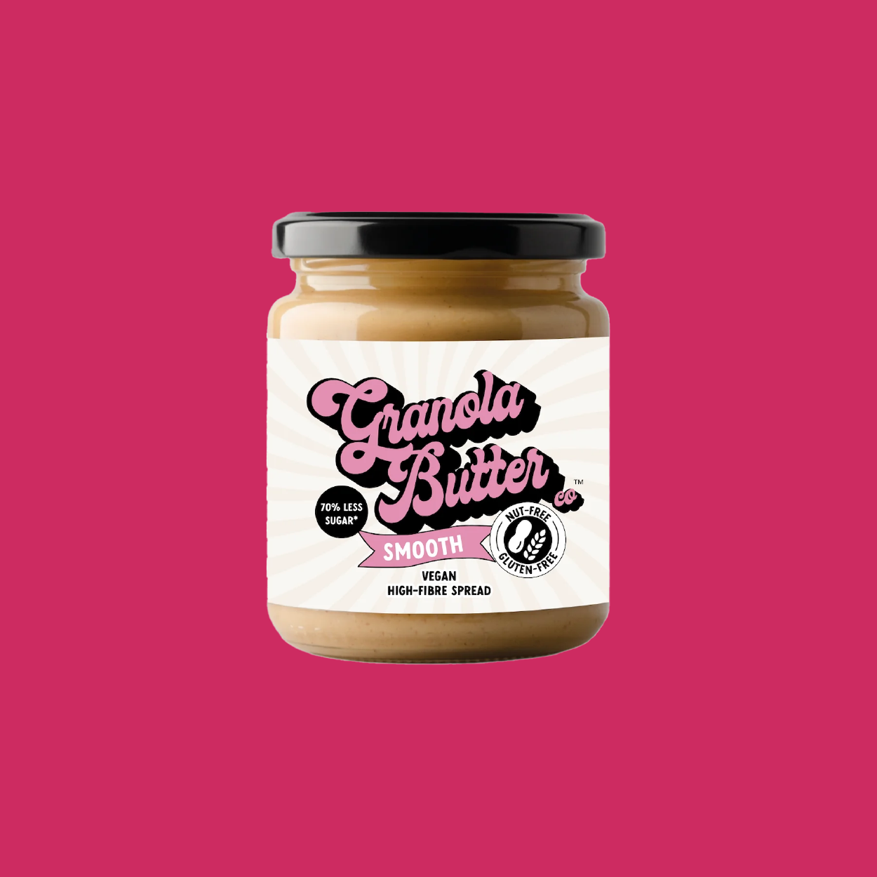 Our Smooth Granola Butter jar, with a pink logo, gluten free and nut free icons visible on the environmentally friendly sweet spread packaging.