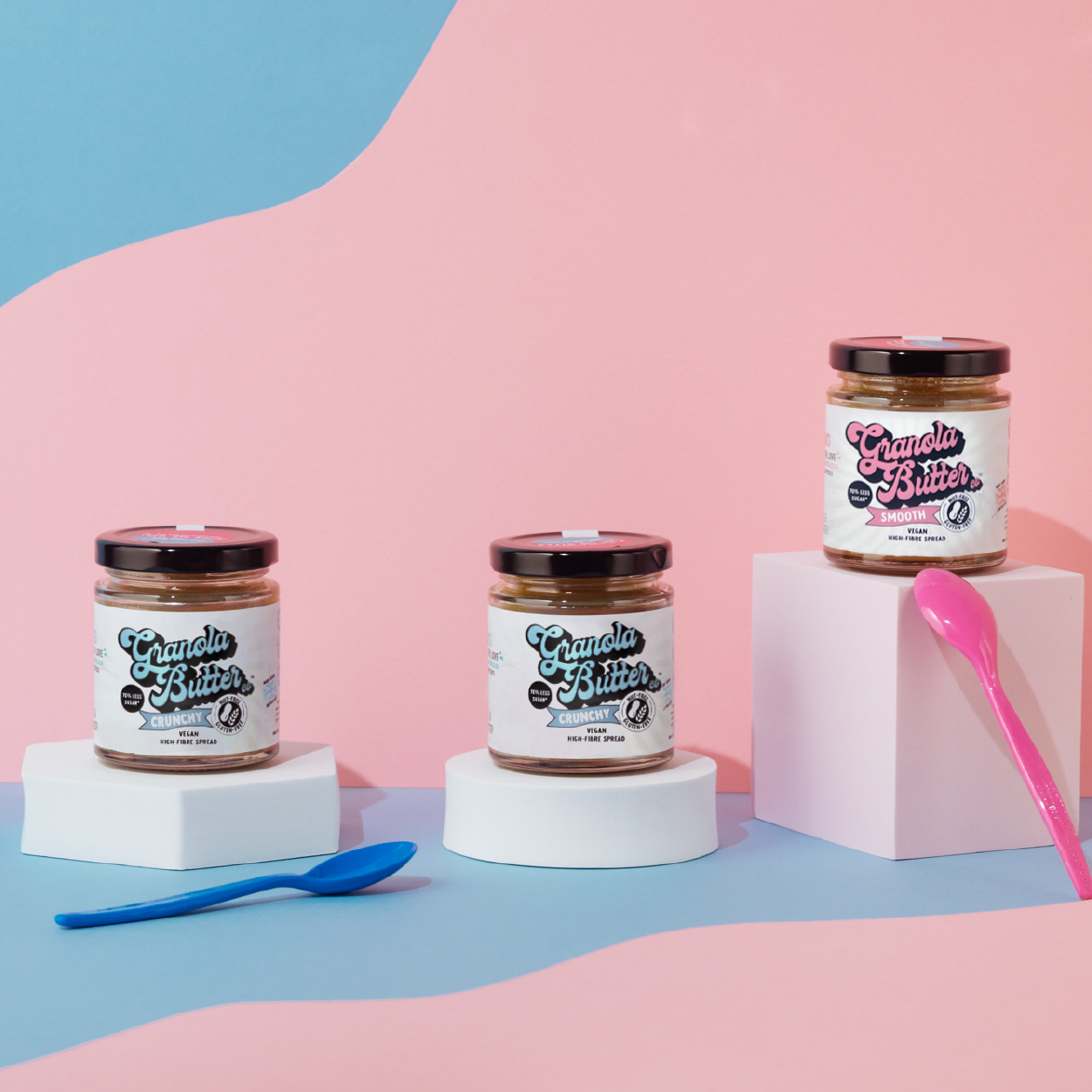 Three jars of granola butter, the new sweet spread that has 70% less sugar than lotus biscoff and Nutella