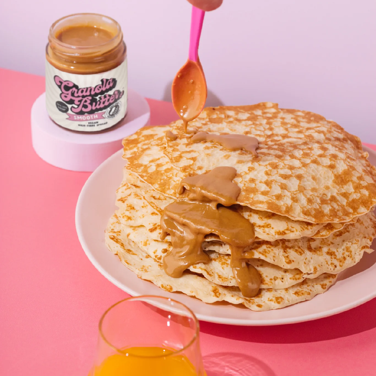 Vegan pancakes with delicious dripping Smooth Granola Butter, the perfect gluten free, nut free and high fibre breakfast!