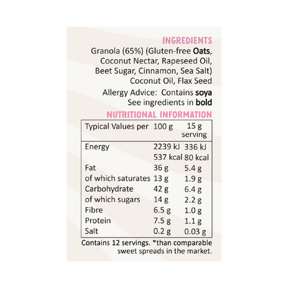 Nutritional information and ingredients for our sweet spread smooth granola butter, containing granola, gluten free oats, rapeseed oil, cinnamon, coconut oil, flax seed and more